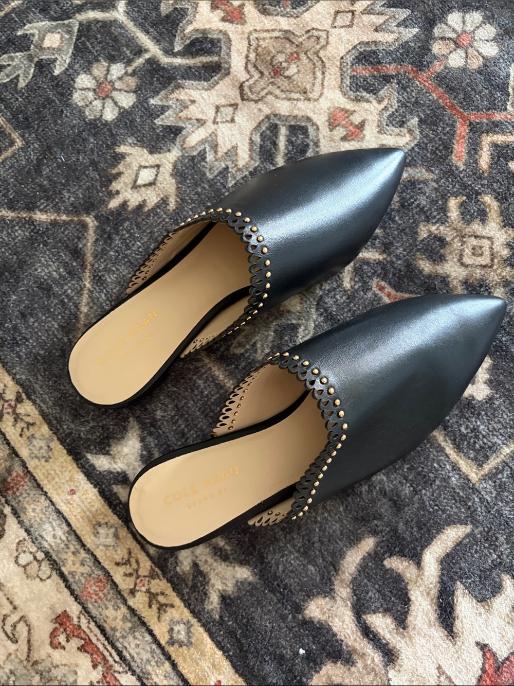 Cole Haan Black Pointed Leather Slip-On Mules with Stud Trim